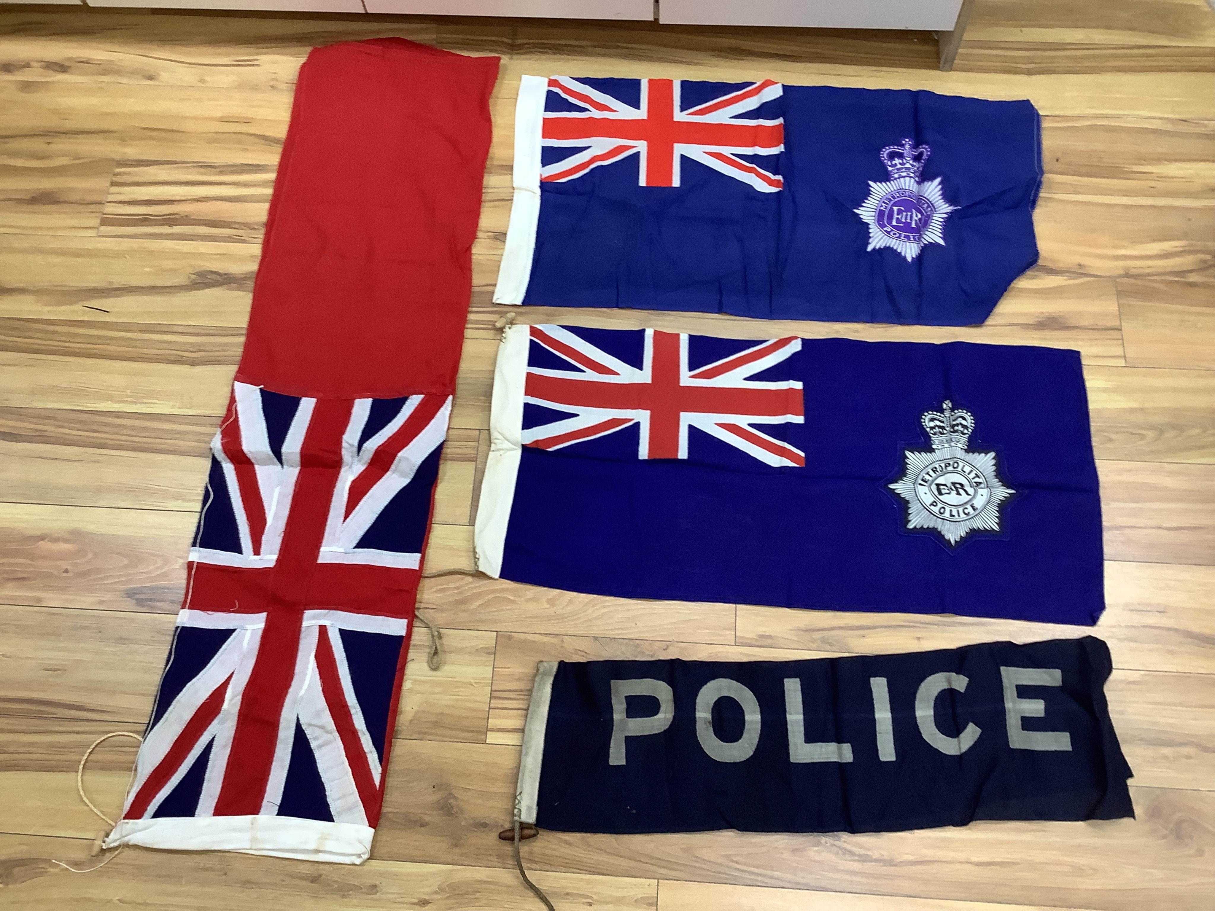 A group of mid 20th century British naval pennants and flags including River Police. Condition - varies